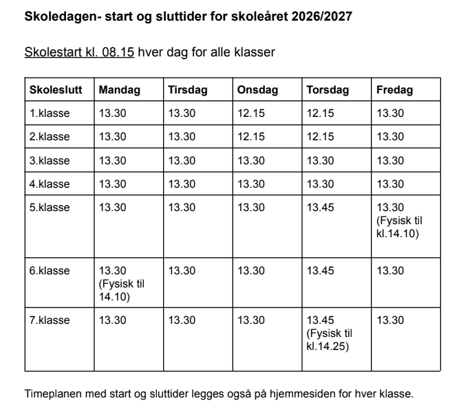 Skjema med tabell over skoledagen på Valby